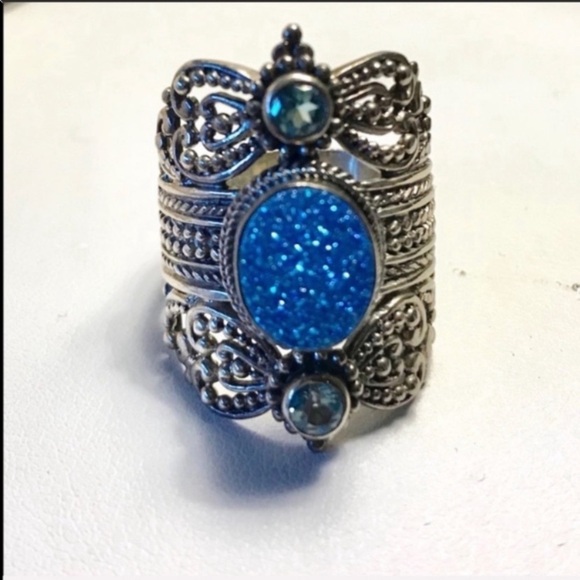 STERLING Silver GEMSTONE BLUE DRUZY QUARTZ & BLUE TOPAZ RING - Picture 1 of 8